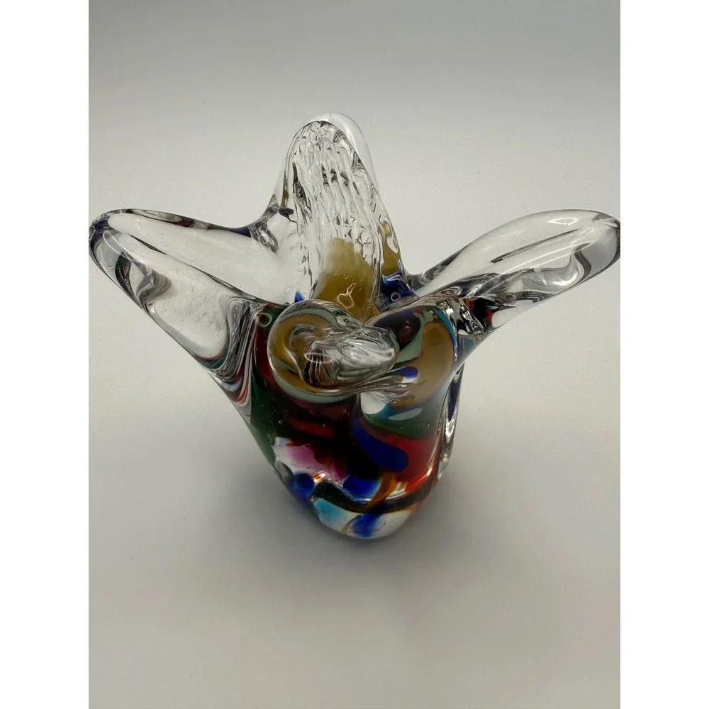 Murano Style Art Glass Vase Multi Color Confetti Hand Blown Pulled Rim Vintage